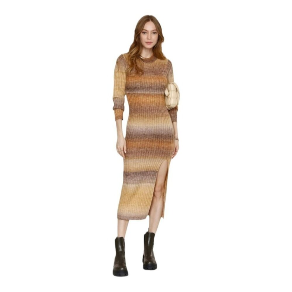 Heartloom x Revolve Marina Brown Tan Ombre Stripe Midi Sweater Dress Cozy Nwt Si